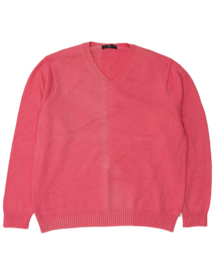 MARKS & SPENCER Mens Blue Harbour V-Neck Jumper Sweater Large Pink Cotton
