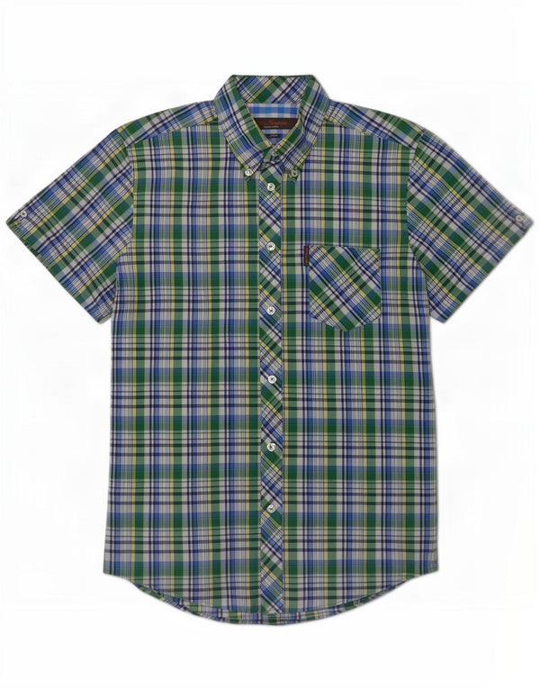 Ben Sherman Mens Short Sleeve Shirt Small Green Check Cotton