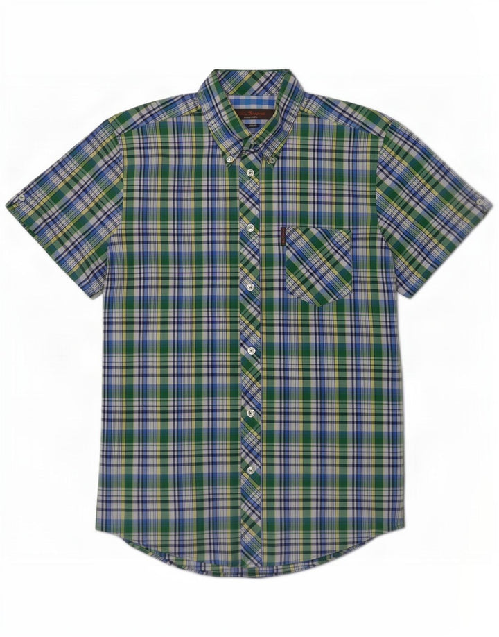 Ben Sherman Mens Short Sleeve Shirt Small Green Check Cotton