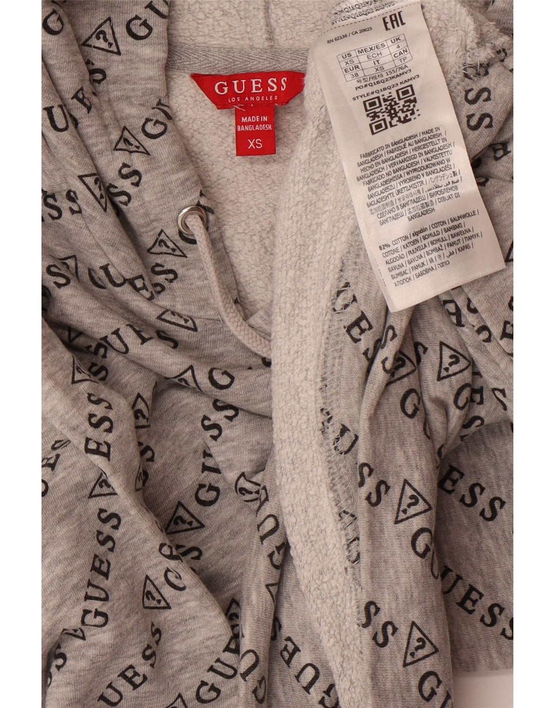 GUESS Womens Oversized Crop Graphic Hoodie Jumper UK 6 XS Grey Cotton Vintage Guess and Second-Hand Guess from Messina Hembry 