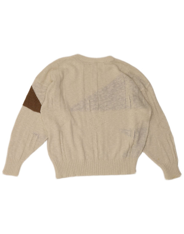 Vintage Mädchen Pullover mit Rundhalsausschnitt, 13–14 Jahre, weiße geometrische Baumwolle