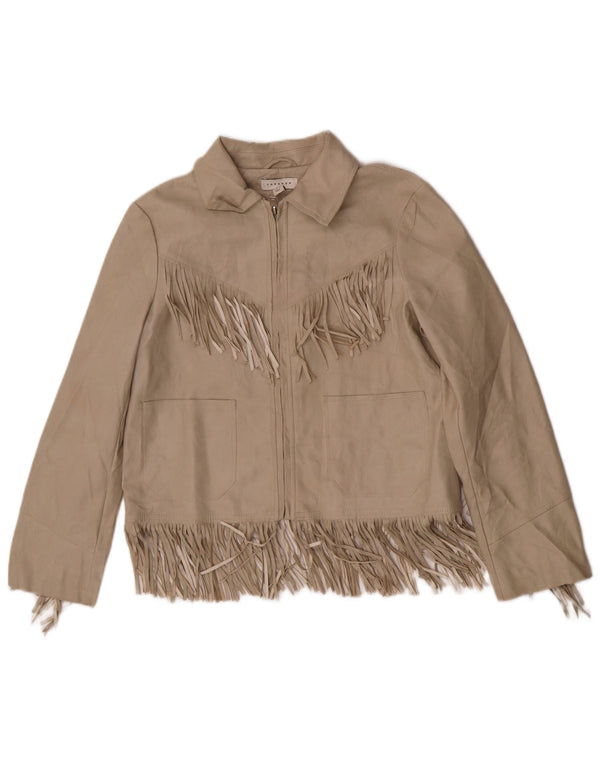 Jaqueta feminina de couro sintético Topshop UK 6 XS bege poliuretano ocidental