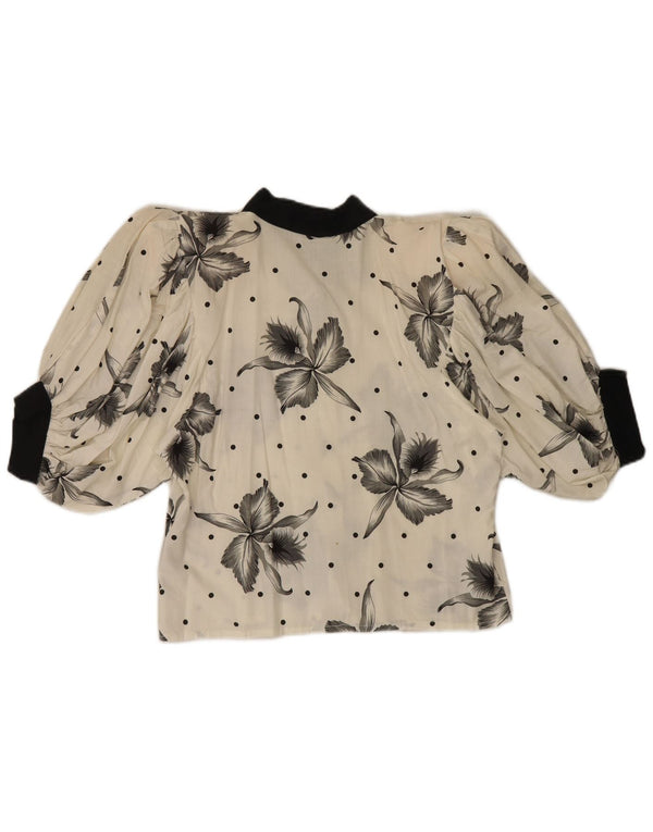 Vintage Womens Crop 3/4-ærmet skjortebluse UK 14 Medium White Floral