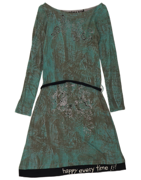 Desigual Womens Graphic Long Sleeve A-Line Dress UK 12 Medium Green