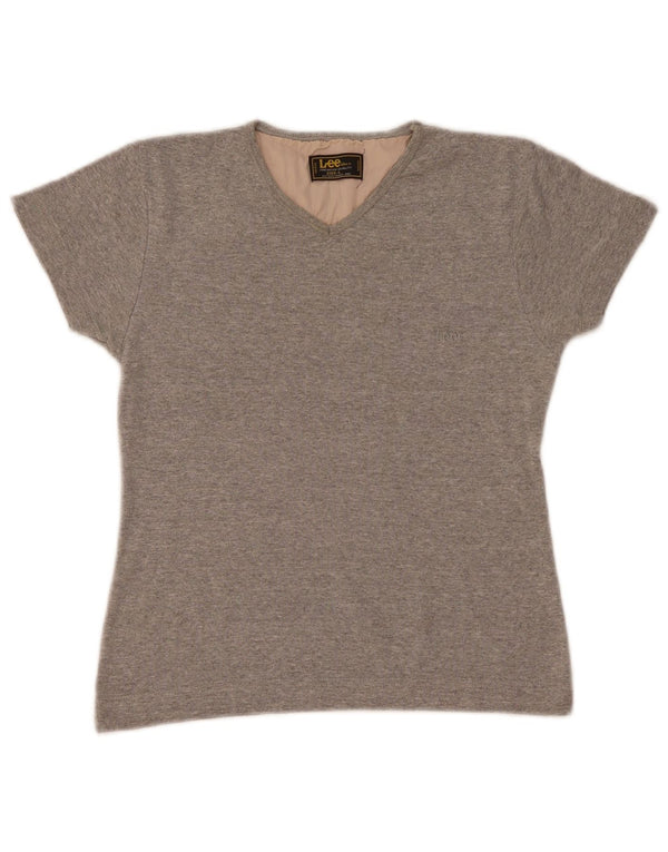 Camiseta feminina Lee UK 14 grande algodão manchado cinza
