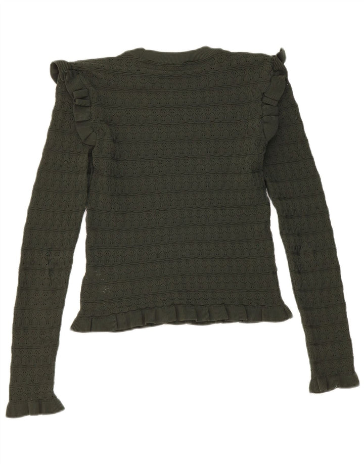 Zara Womens Crop Ruffle Front Top Long Sleeve UK 8 Small Khaki Polyester