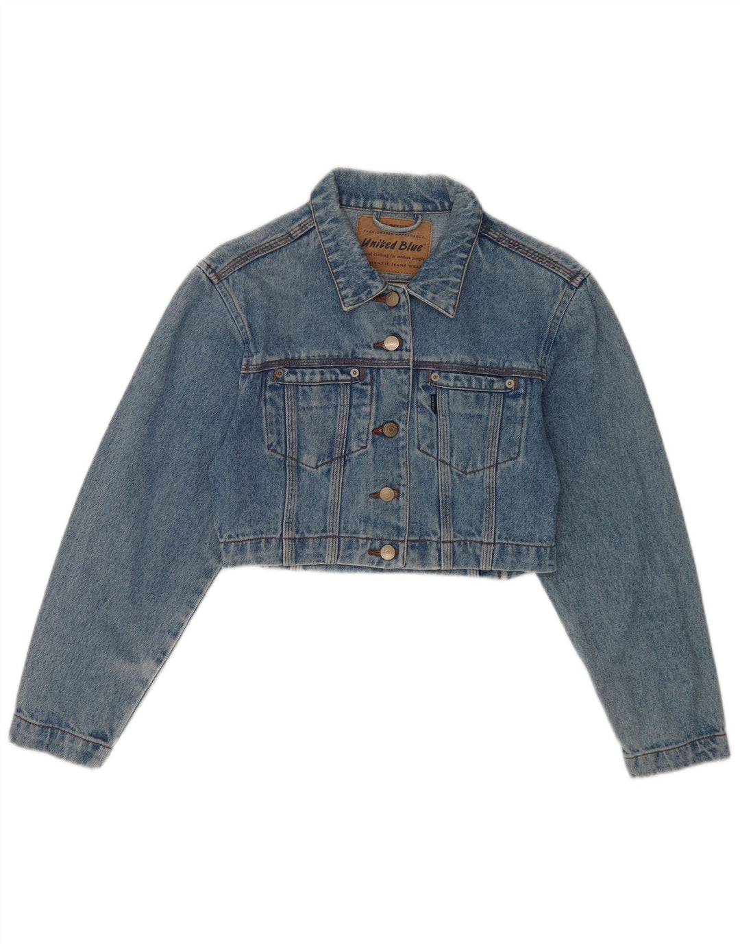 Giacca in denim vintage da donna corta UK 10 piccolo cotone blu