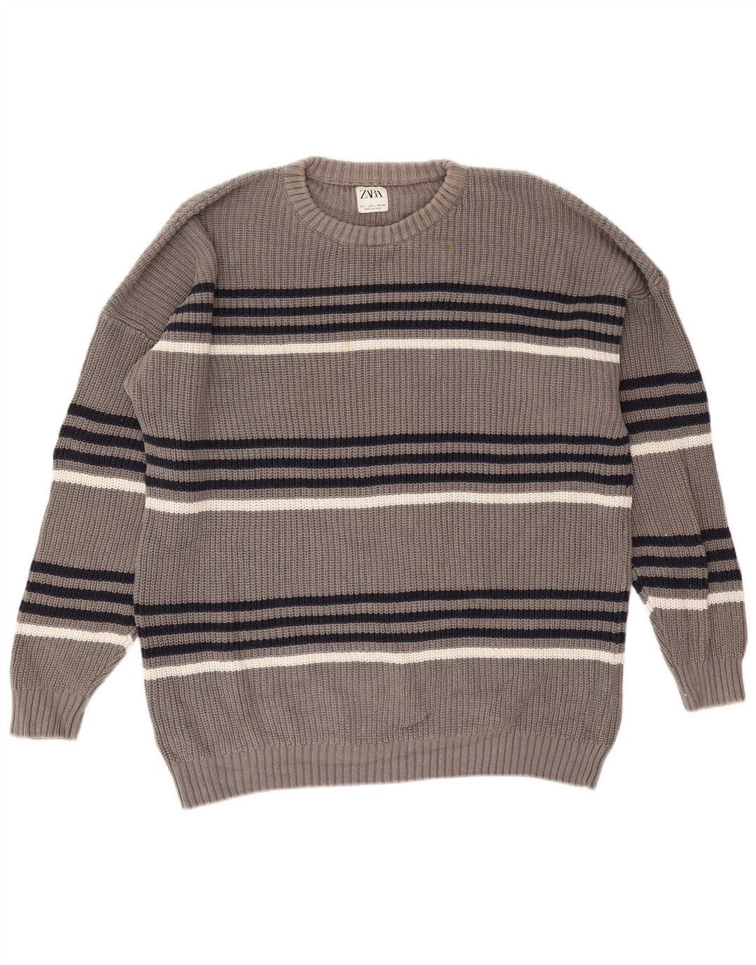 Zara Mens Crew Neck Jumper Sweater Large Grey Striped