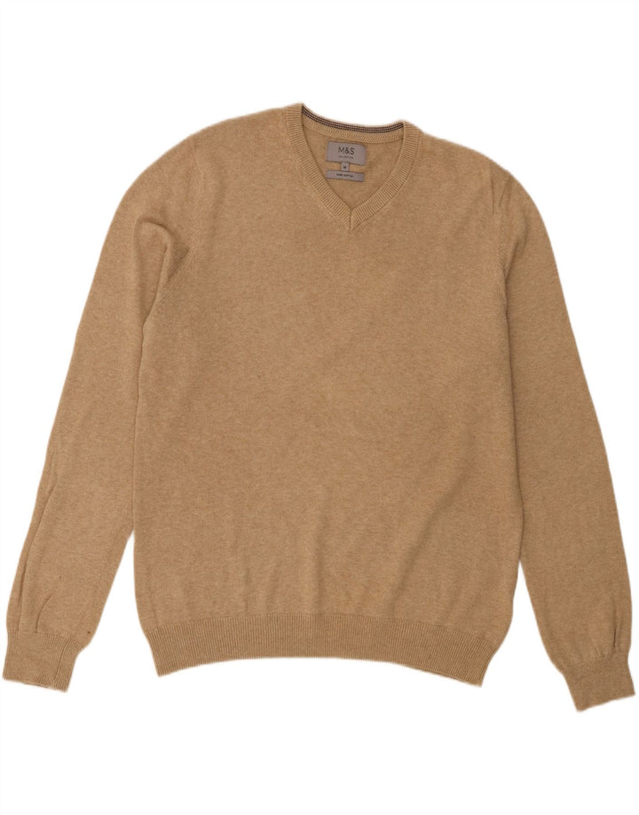 Marks & Spencer Herren-Pullover mit V-Ausschnitt, mittelbeigefarbene gesprenkelte Baumwolle