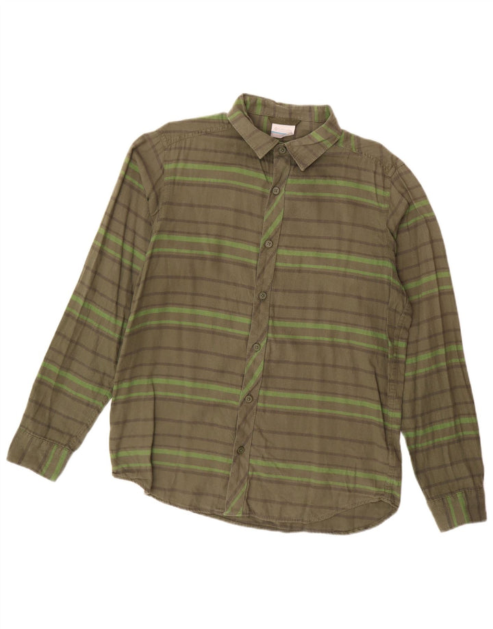 Columbia Mens Flannel Shirt Small Khaki Striped Cotton