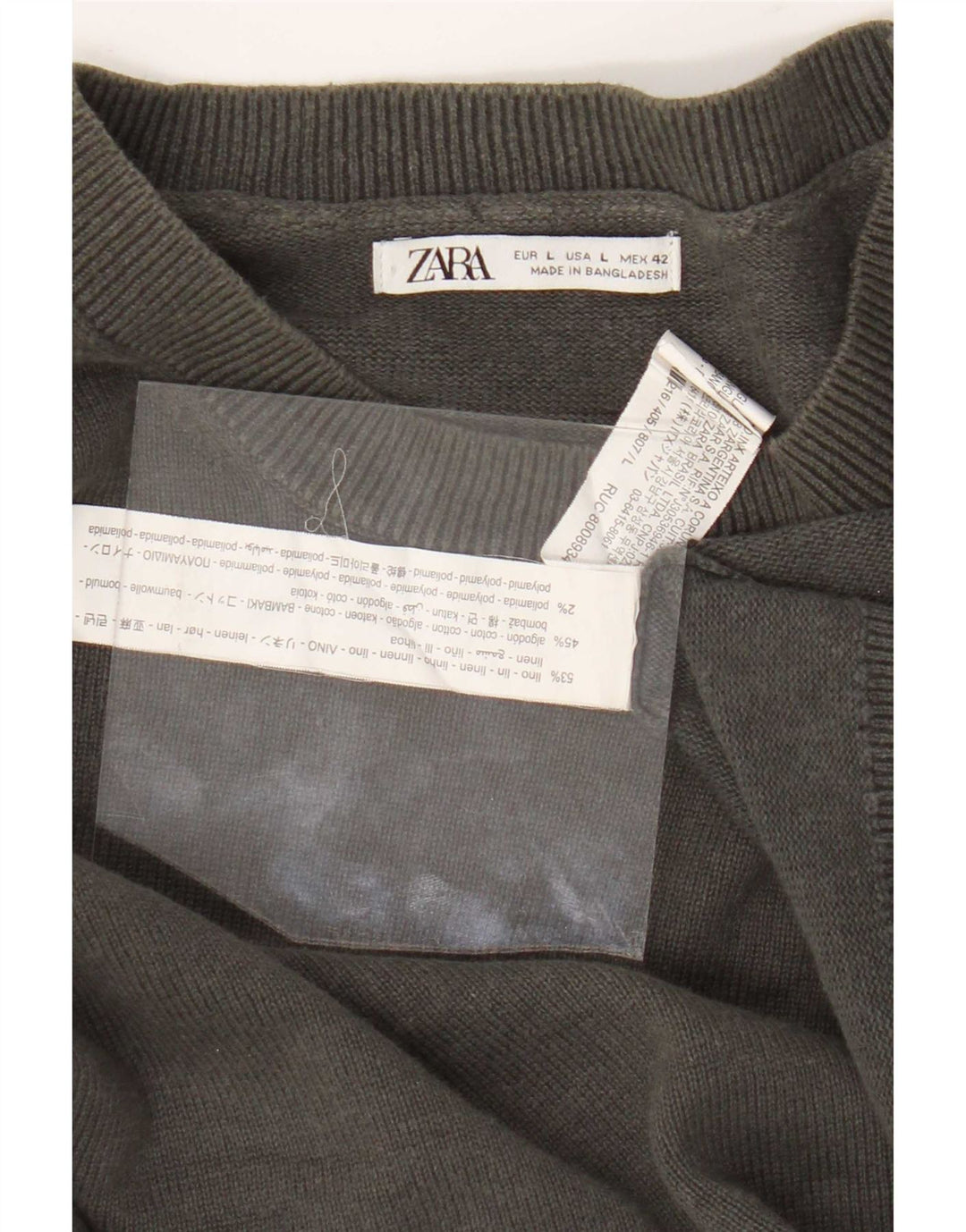 Мужской джемпер с круглым вырезом Zara, большой серый льняной свитер