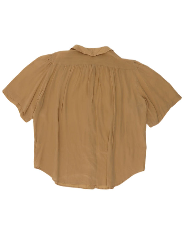 Vintage kortærmet oversized skjortebluse til kvinder UK16 Stor Khaki Silk