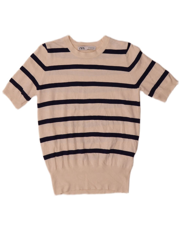Zara γυναικείο πουλόβερ με λαιμόκαυστο UK 10 Small Off White ριγέ