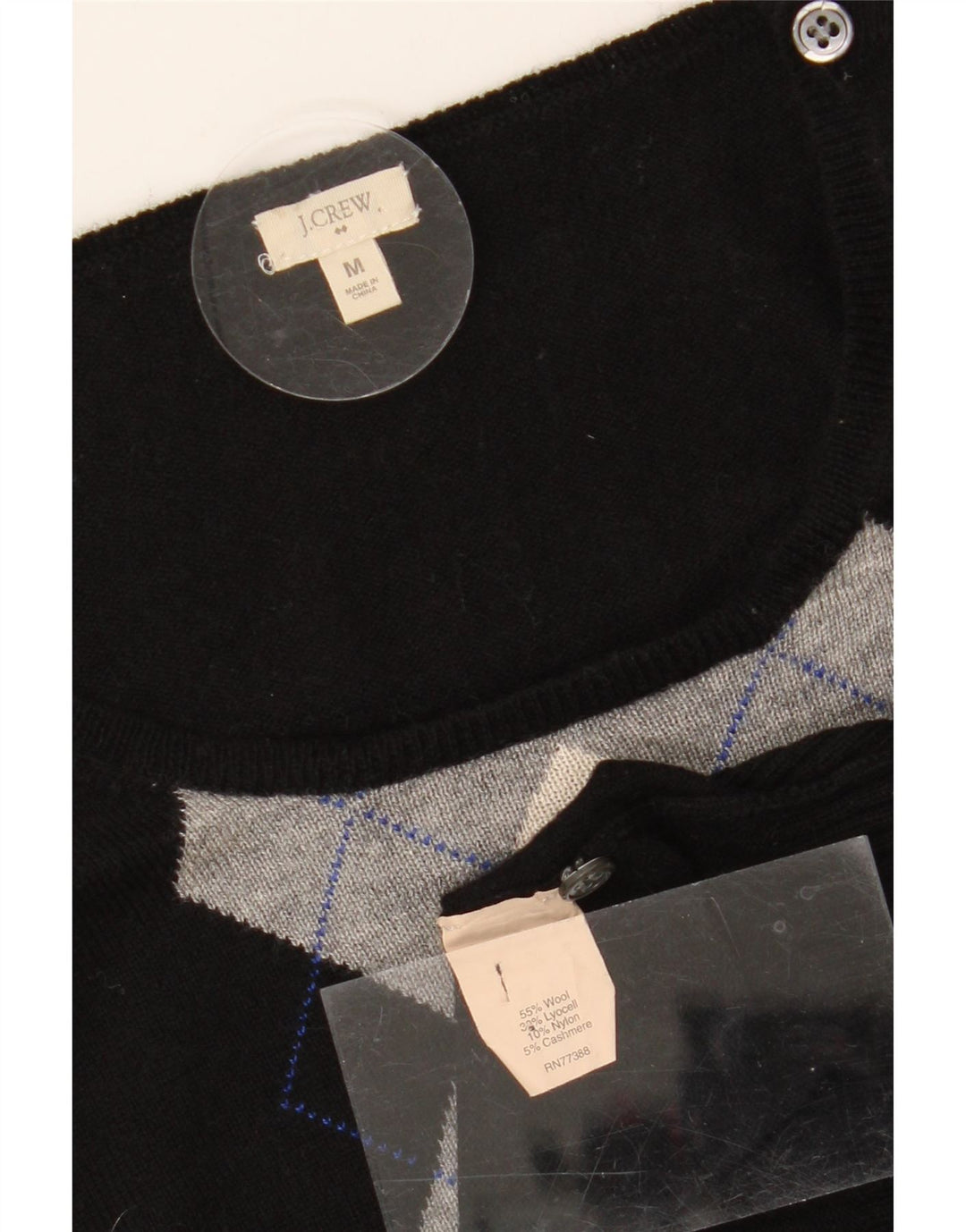 J. CREW Womens Crew Neck Jumper Sweater UK 12 Medium Black Argyle/Diamond Vintage J. Crew and Second-Hand J. Crew from Messina Hembry 