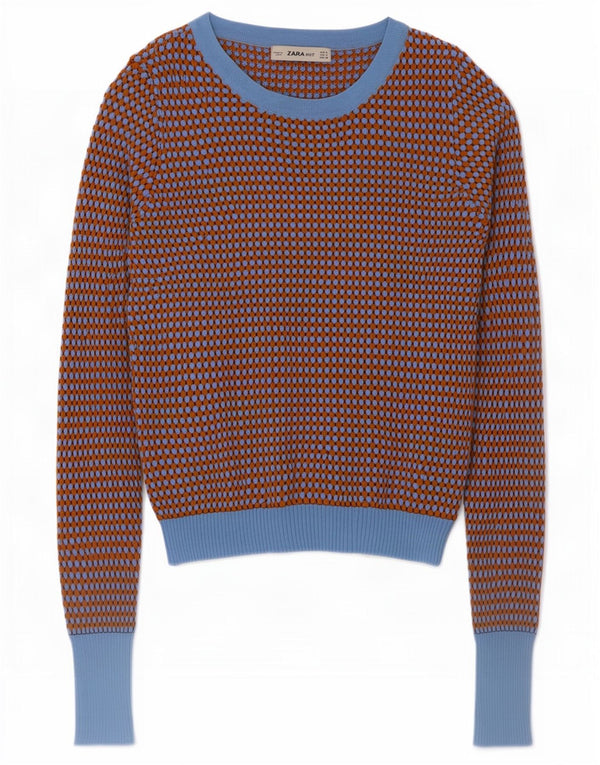 Zara Damen-Pullover mit bauchfreiem U-Boot-Ausschnitt, Gr. 8, Braun, Farbblock
