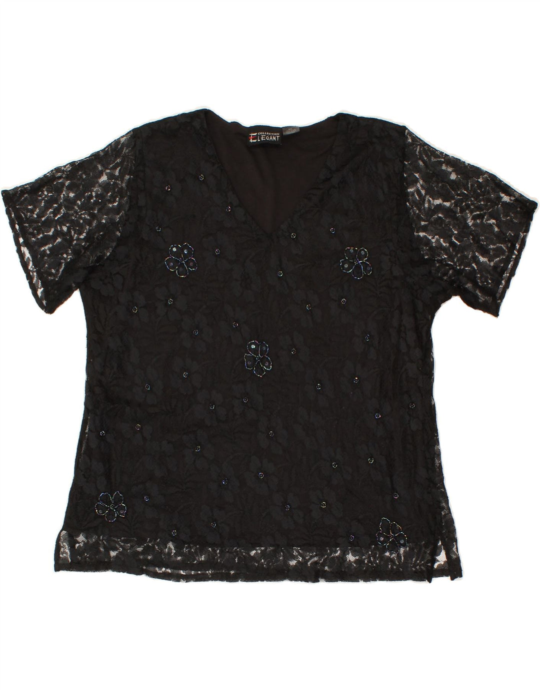 VINTAGE Womens Blouse Top UK 14 Medium Black Floral Nylon Vintage Vintage and Second-Hand Vintage from Messina Hembry 