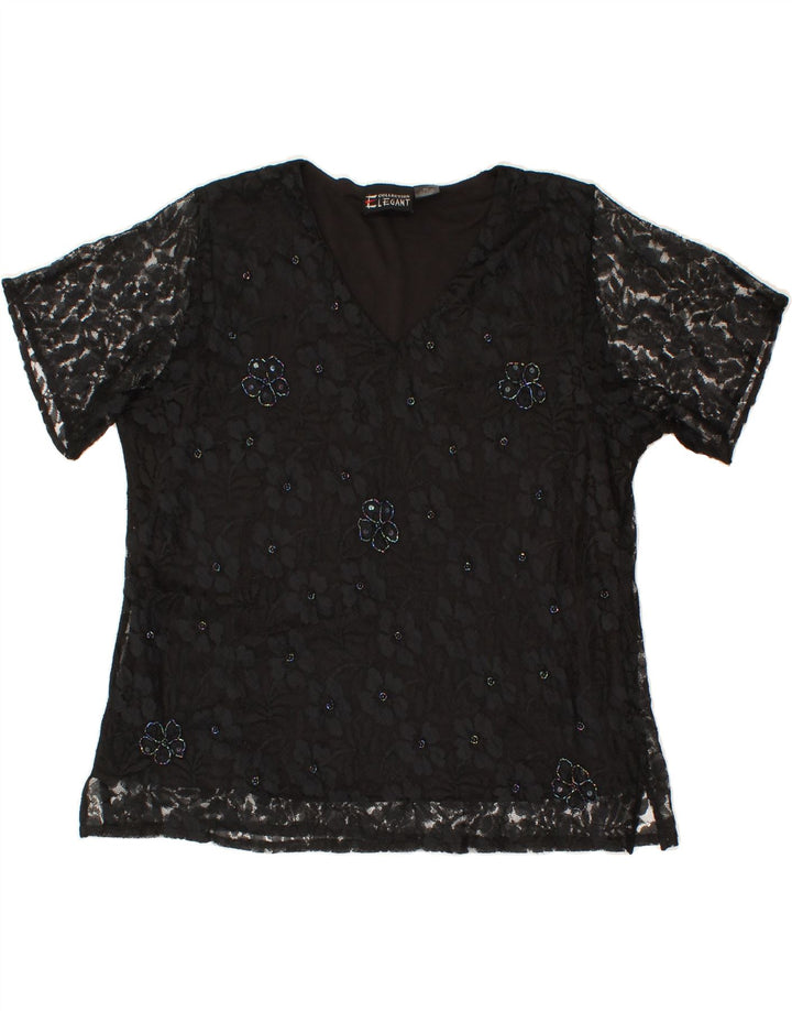 VINTAGE Womens Blouse Top UK 14 Medium Black Floral Nylon Vintage Vintage and Second-Hand Vintage from Messina Hembry 