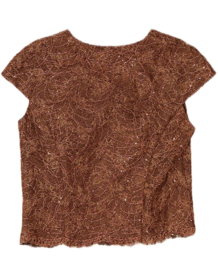 VINTAGE Womens Abstract Pattern Crop Blouse Top UK 14 Medium Brown Vintage Vintage and Second-Hand Vintage from Messina Hembry 
