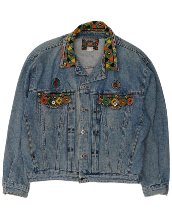 The Seaway Mens Retro Denim Jacket UK 40 Large Blue Geometric 80s