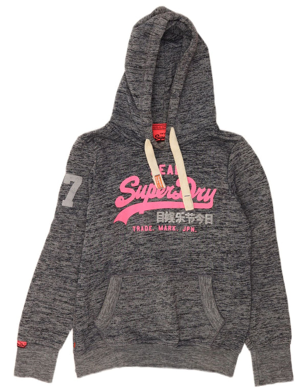 Felpa con cappuccio grafica da donna Superdry UK 16 grande cotone chiazzato grigio