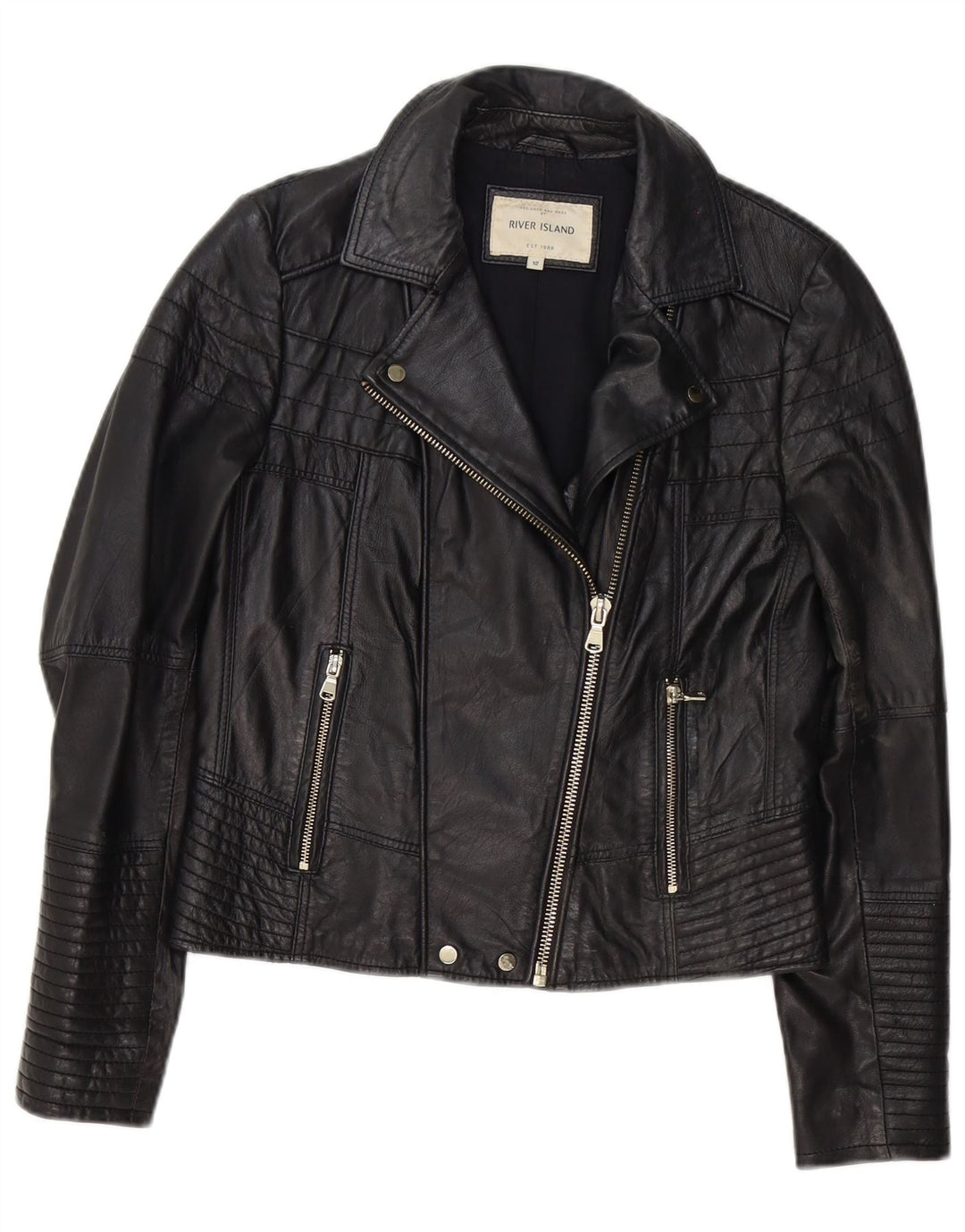 River Island Dame Læder Biker Jacket UK 12 Medium Sort