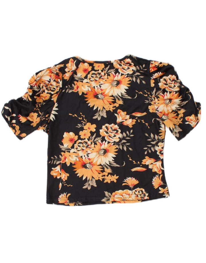 VINTAGE Womens Blouse Top UK 12 Medium Black Floral Polyester