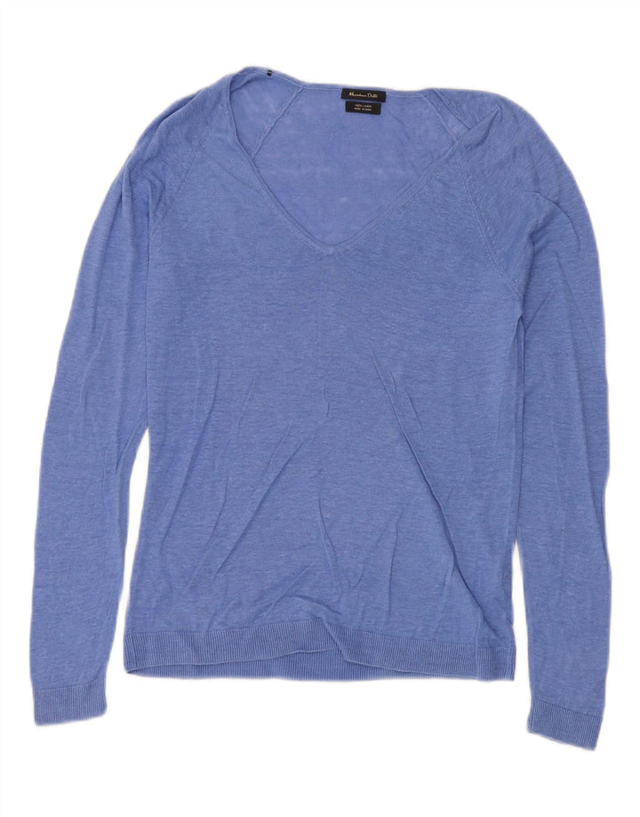 Massimo Dutti Dame V-hals sweater UK 12 Medium Blue Linen