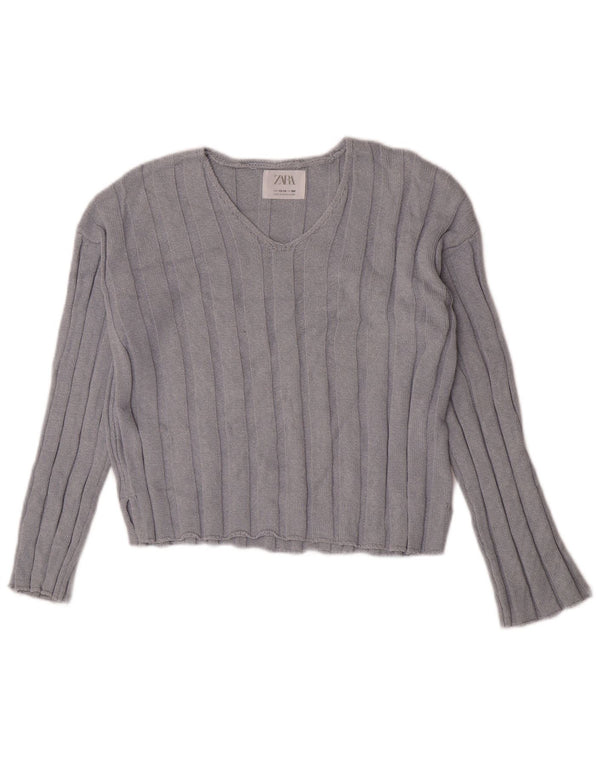 Zara Girls Crop V-Neck Jumper Sweater 13-14 Years Blue Cotton