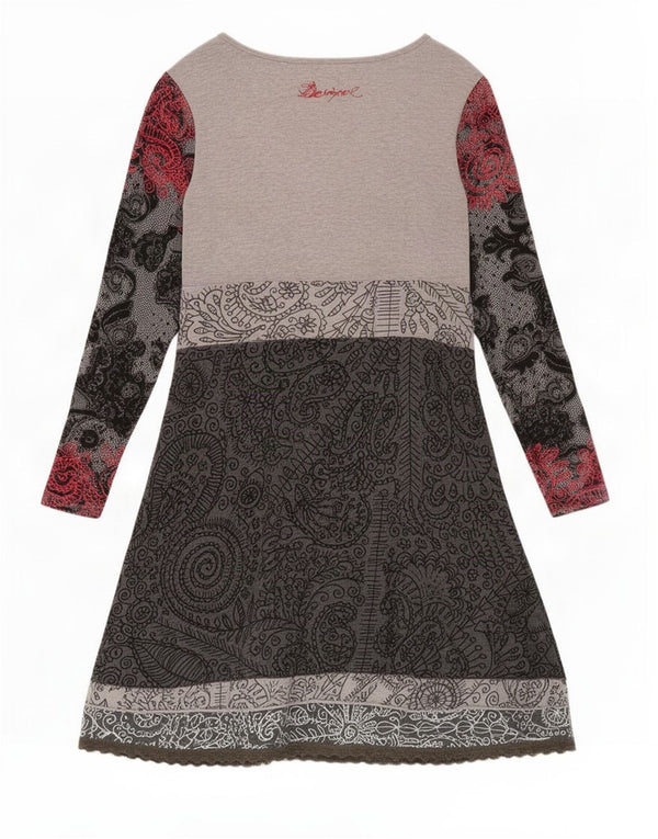 Desigual Womens Long Sleeve A-Line Dress UK 14 Large Grey Floral Cotton