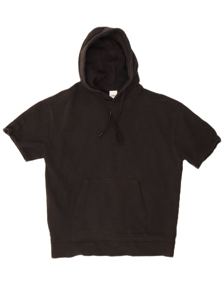 Zara Mens Short Sleeve Hoodie Jumper Medium Black Cotton