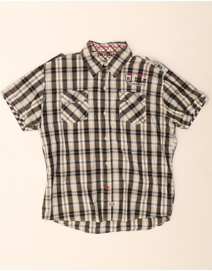 Vintage Mens Graphic Short Sleeve Shirt 2XL Grey Check Cotton
