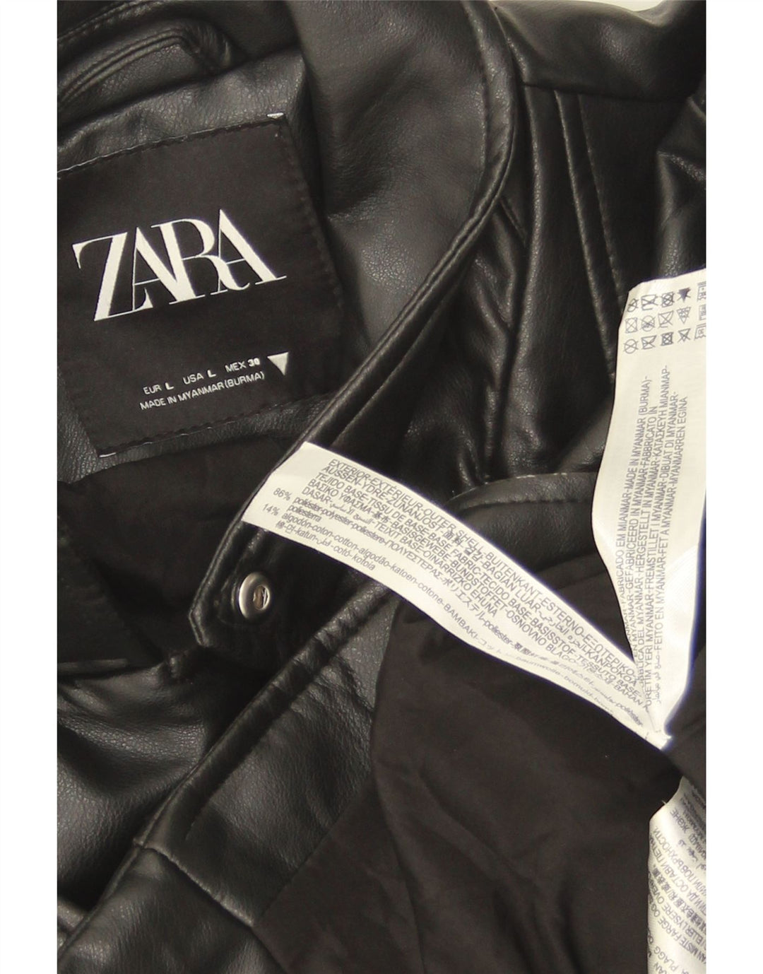 Zara Womens Crop Faux Leather Biker Jacket UK 14 Large Black Polyester