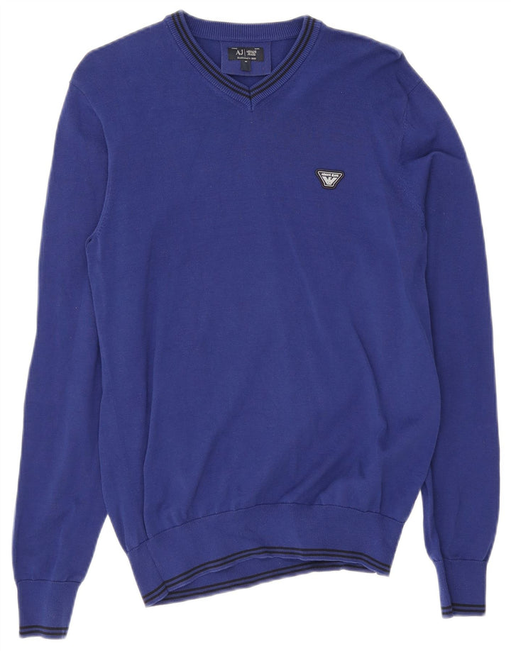 Armani Jeans Mens V-Neck Jumper Sweater Medium Blue Striped Cotton