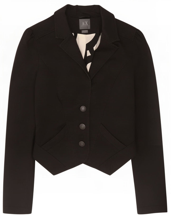 Armani Womens 3 Button Crop Blazer Jacket UK 12 Medium Black Cotton