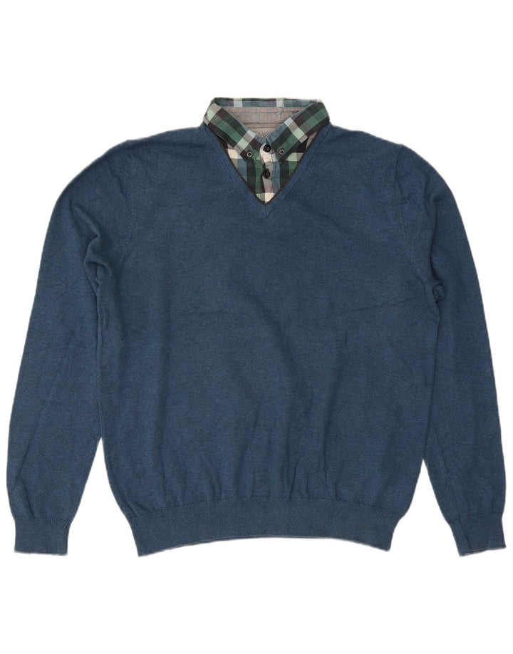 Marks & Spencer Mens Regular Fit V-Neck Jumper Sweater Medium Blue Cotton
