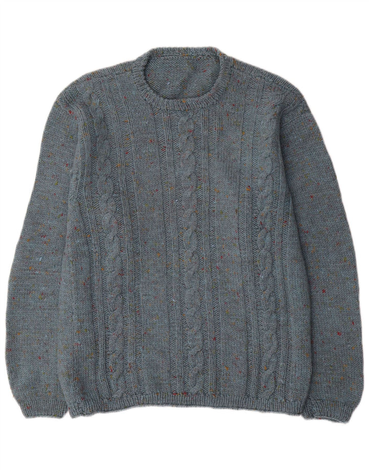 Vintage herre sweater med rund hals, medium blå flækket