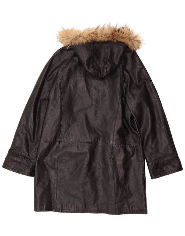 VINTAGE Womens Hooded Leather Coat IT 52 2XL Black Leather
