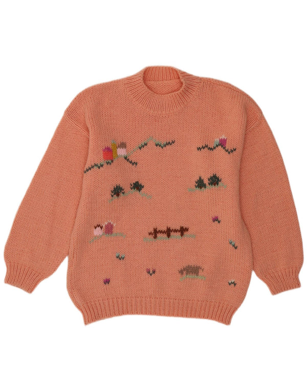 vintage Womens Graphic Crew Neck Jumper Sweater UK 14 Grande Nouveauté Rose
