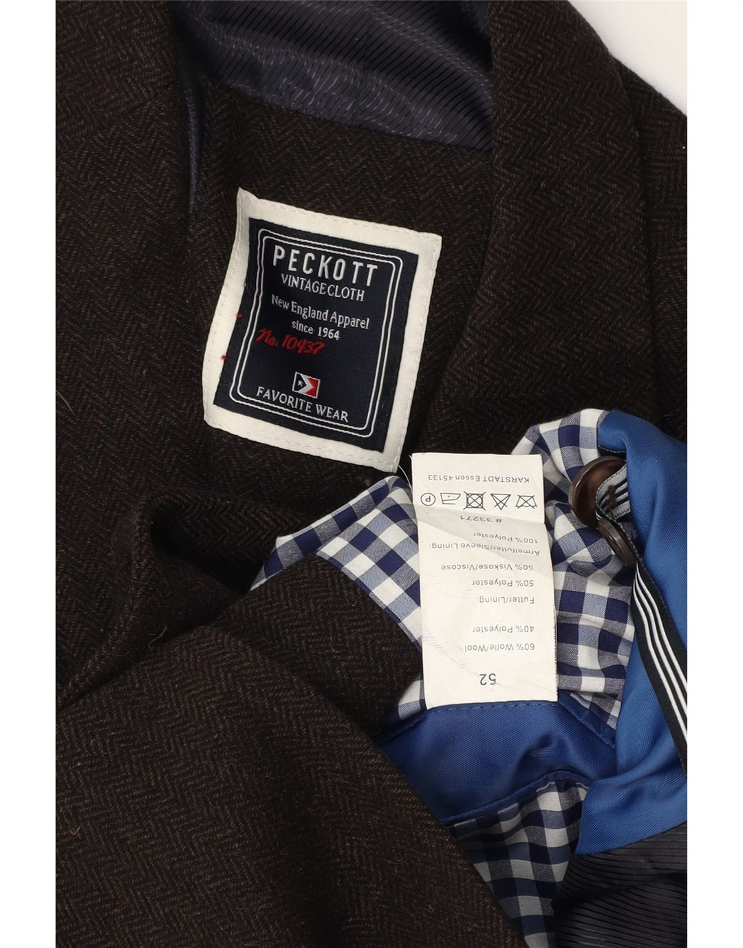 Peckott Herren-Blazer mit 2 Knöpfen, IT 52 XL, braune Wolle mit Fischgrätenmuster