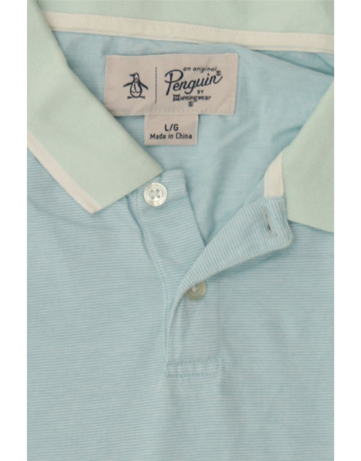 PENGUIN Mens Polo Shirt Large Blue Pinstripe Cotton Vintage Penguin and Second-Hand Penguin from Messina Hembry 