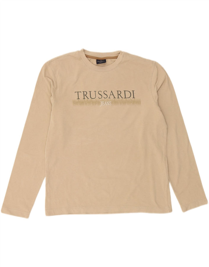 TRUSSARDI JEANS Mens Graphic Top Long Sleeve Medium Beige Cotton Vintage Trussardi Jeans and Second-Hand Trussardi Jeans from Messina Hembry 