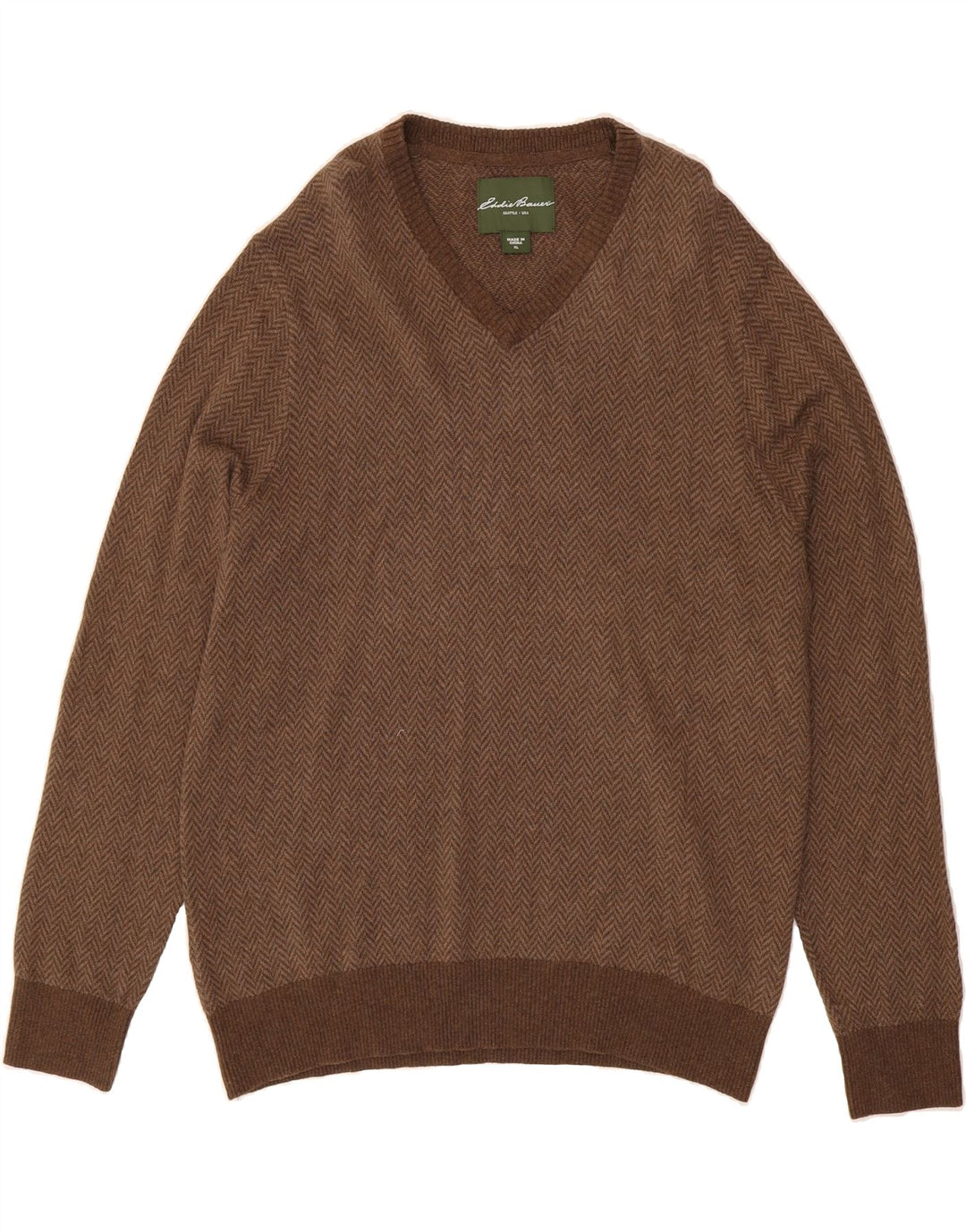 EDDIE BAUER Mens V-Neck Jumper Sweater XL Brown Herringbone Cotton Vintage Eddie Bauer and Second-Hand Eddie Bauer from Messina Hembry 