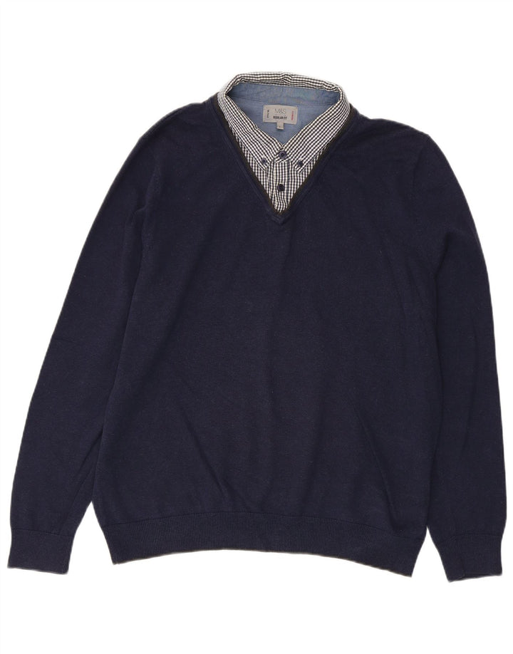 MARKS & SPENCER Mens V-Neck Jumper Sweater Large Navy Blue Check