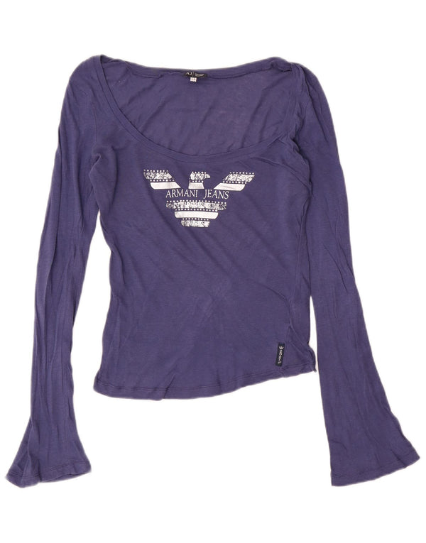 Armani Jeans Damen Crop Graphic Top Langarm UK 14 Mittelblaue Baumwolle
