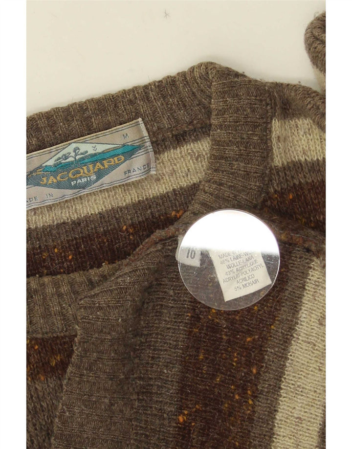 Vintage Mens Crew Neck Jumper Sweater Medium Khaki Striped Wool