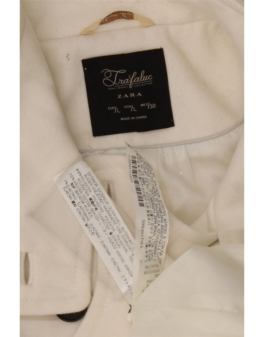 ZARA Damen Zweireihiger Mantel UK 14 Large Weiß Polyester