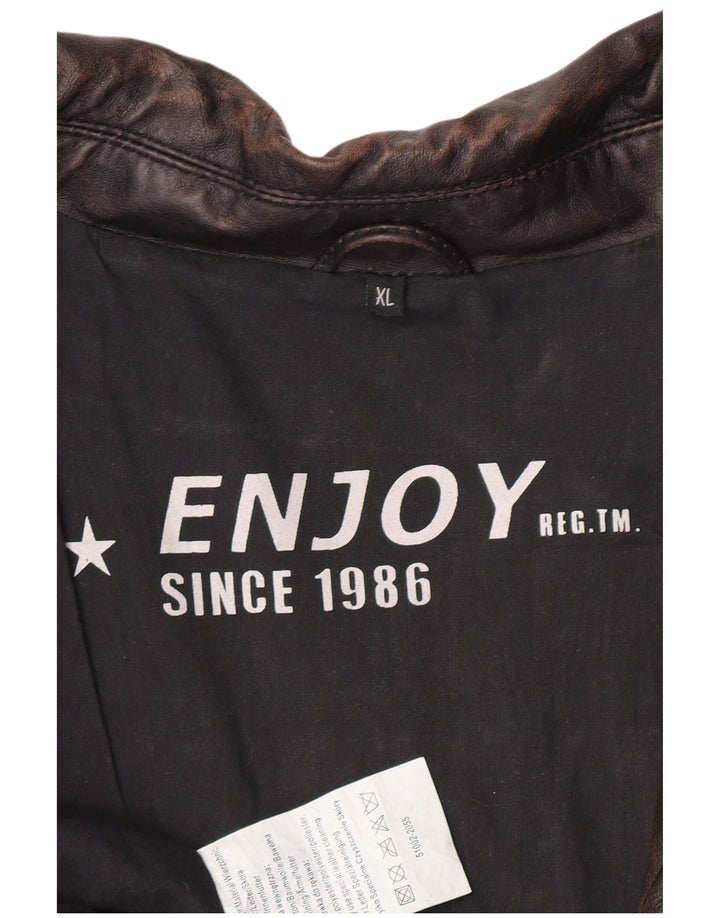ENJOY Mens Military Leather Jacket UK 42 XL Brown Leather