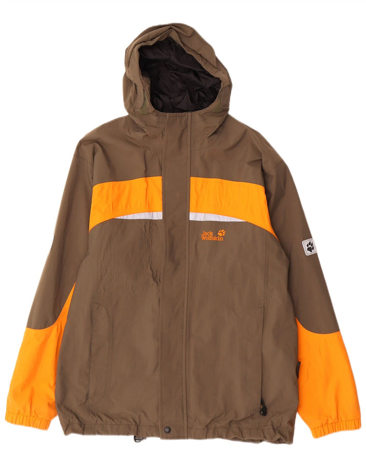 Jack Wolfskin Boys Hooded Rain Jacket 13-14 Years Brown Colourblock