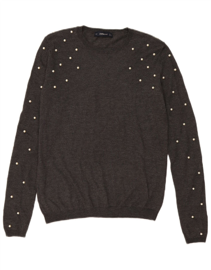 Zara Womens Crew Neck Jumper Sweater UK 10 Small Grey Modal