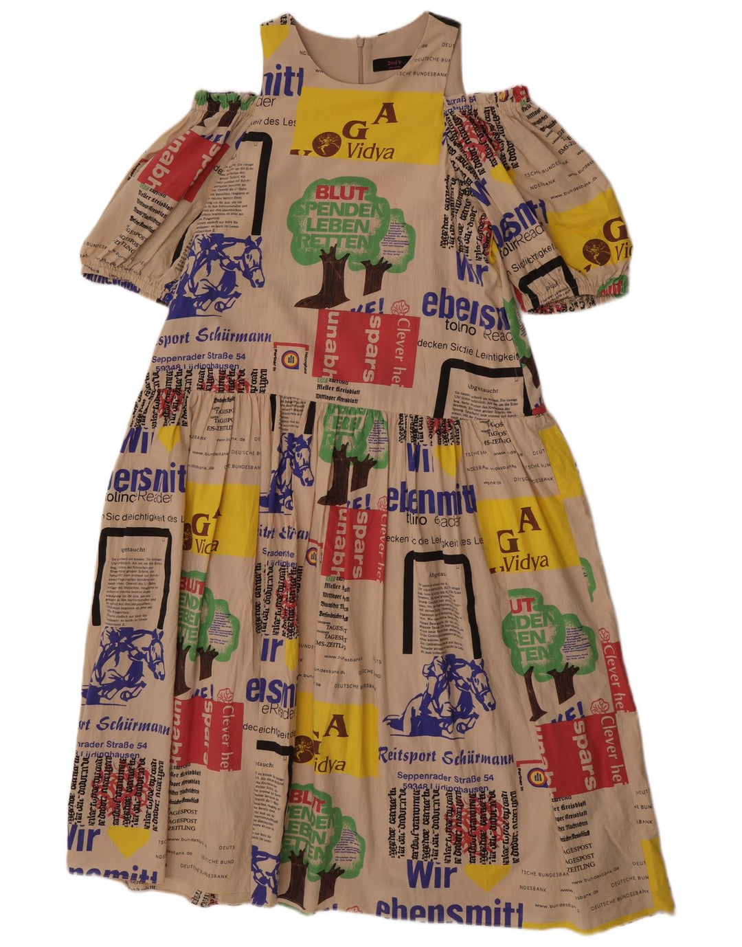 Vintage Womens Graphic Off Shoulder Dress UK 14 Medium Beige